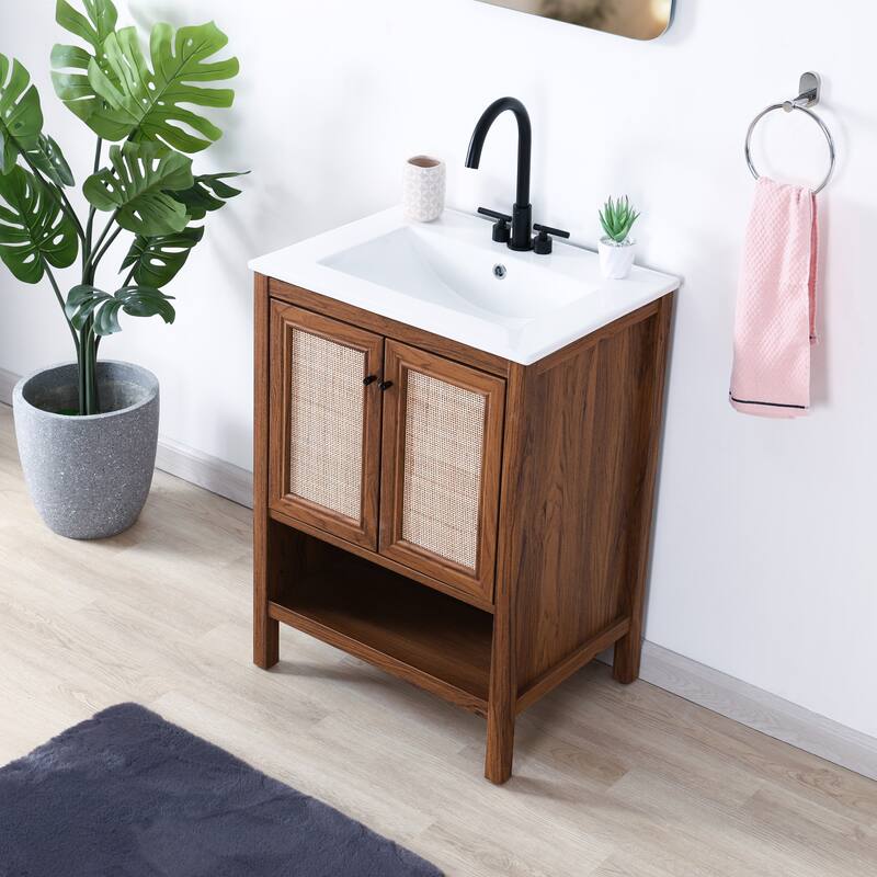 Jasper Rattan Modern Coastal 2-Shelf Bath Vanity Cabinet Only (Sink Basin Not Included), By JONATHAN Y