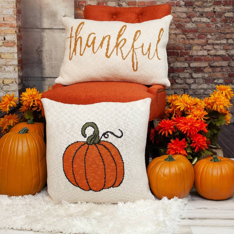 20" Beige and Orange Fall Harvest Pumpkin Knitted Throw Pillow