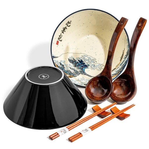 Japanese Ramen Bowl Set with Great Wave Design 60oz Large Ceramic