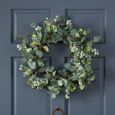 Hazlett 22" Floral Eucalyptus Artificial Wreath by Christopher Knight Home - Green