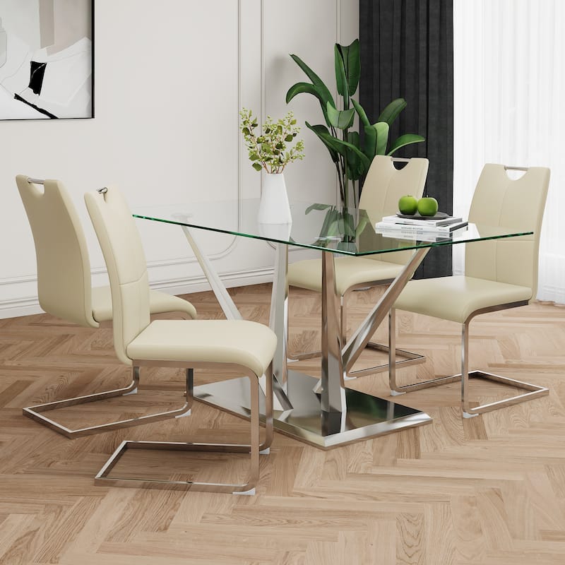 63" Glass Dining Table Set for 4, 5 Piece Dining Table and Chairs Set, Rectangular Table with 4 Faux Leather Chairs & Metal Legs - Beige