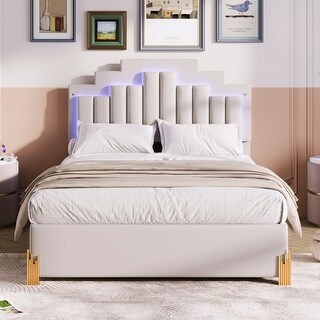Full Size Velvet Upholstered Platform Bed w/ LED Lights & 4 Drawers ...