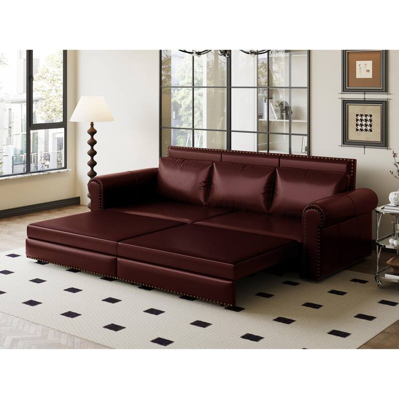 Chesterfield Sofa, 93.7" Faux Leather Convertible Sleeper Sofa Bed, Vintage 3-in-1 Pull Out Couch w/ Nailhead Trim & Rolled Arms