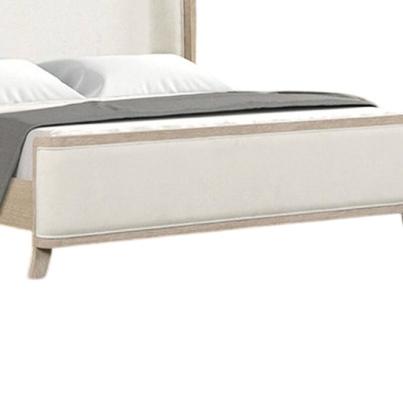 Fea Queen Bed, Natural Oak, Shelter Padded Headboard, White Upholstery