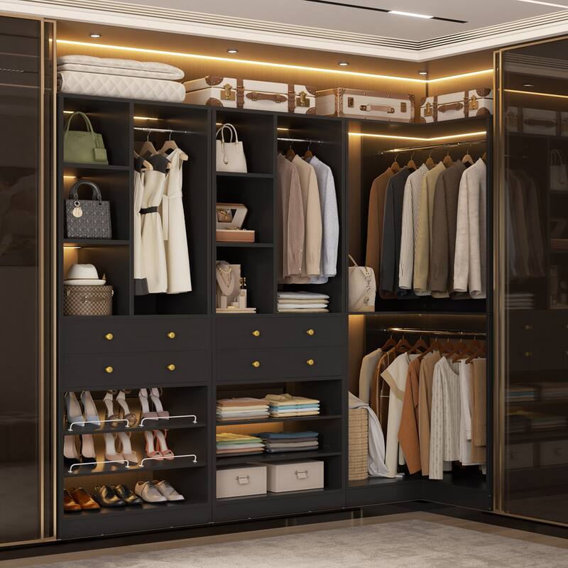 Set of 2/ 3 Coner Closet System with Shoe Racks and Drawers, Freestanding Closet Organizer with Hanging Rods and Shelves - Black - Set of 3