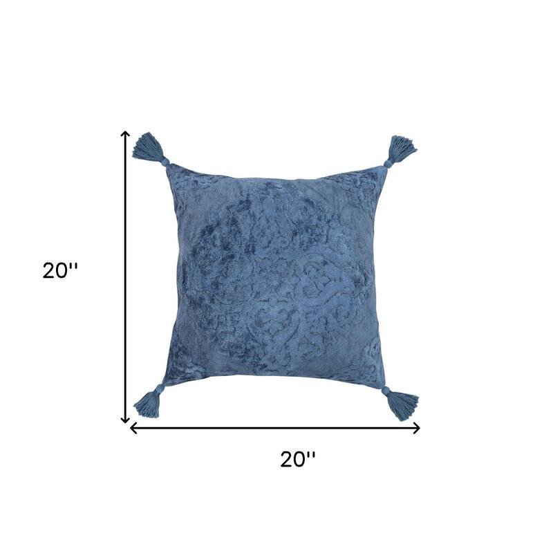 HomeRoots 20" X 20" Blue Damask Cotton Blend Zippered Pillow With Tassels