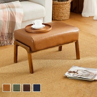 Glitzhome 24.5"W Leatherette Accent Stool With Walnut Rubberwood Legs