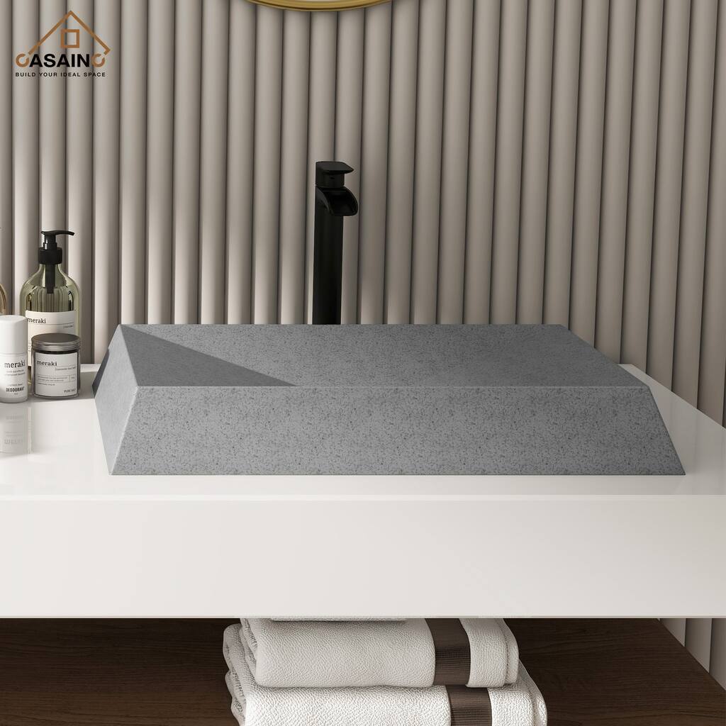 CASAINC Concrete Rectangular Bathroom Vessel Sink Art Basin with X-Diversion Line and The Same Color Drainer
