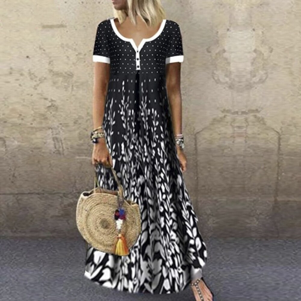 star printed v neck short sleeve midi asymmetric chiffon dress