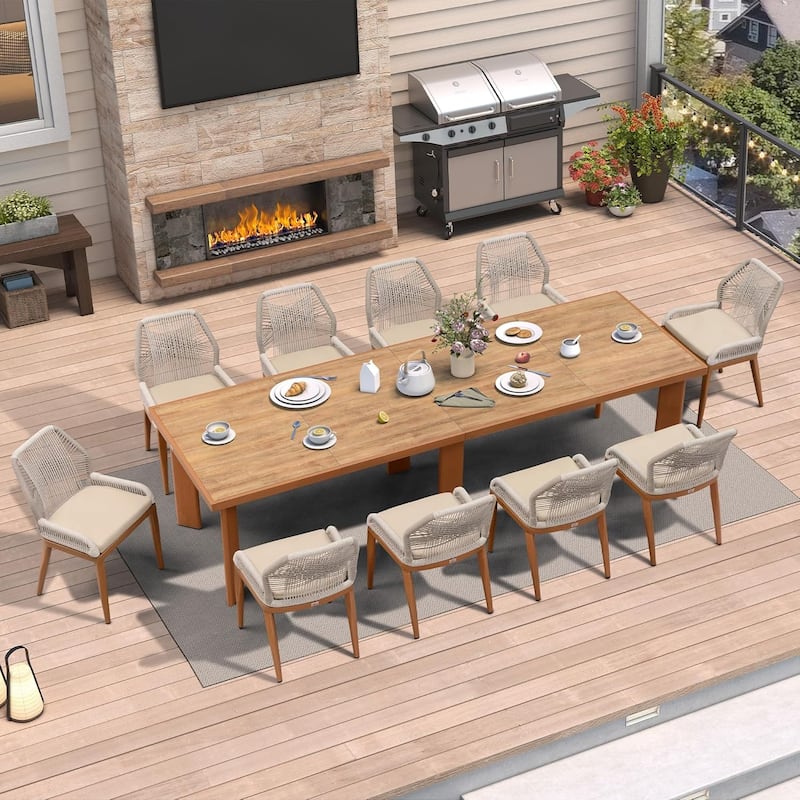 PURPLE LEAF Dining Set Patio Metal Rectangular Table and Wicker Rattan Chairs for Outside Porch Modern Outdoor Furniture Sets - Honey（10+1）