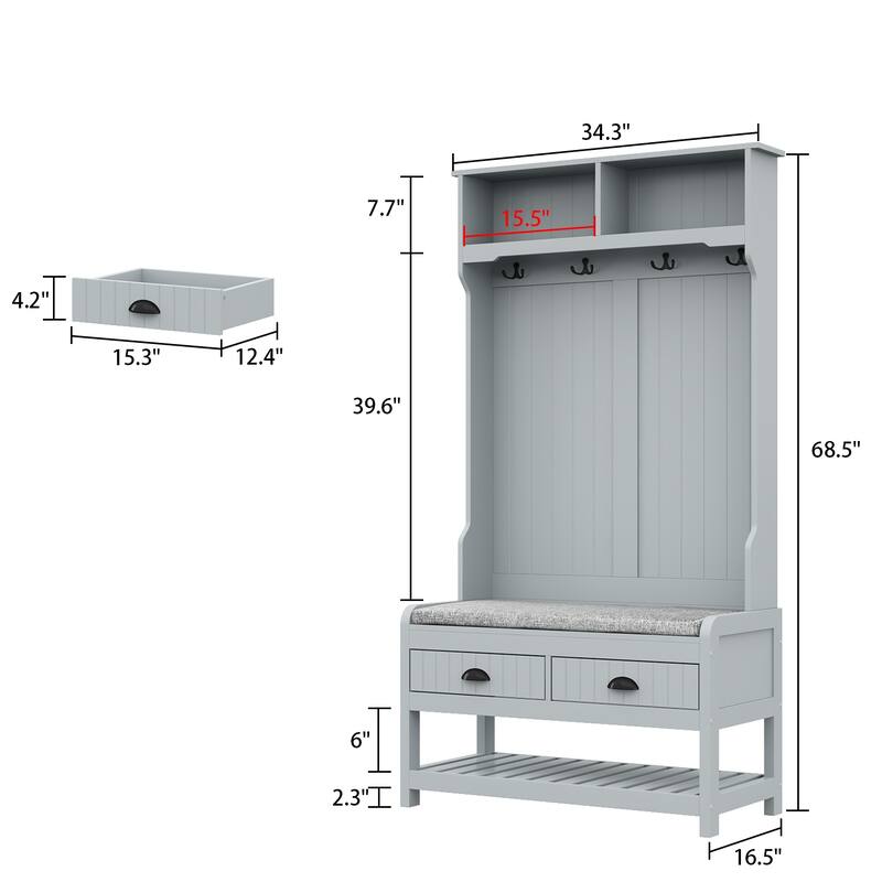 34.3'' W 68.5"H Hall Tree with Bench and Shoe Storage With Cushion