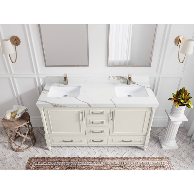 Willow Collections 60 in. W x 22 in. D Aberdeen Double Sink Bathroom Vanity with Countertop - 2" Calacatta Gold - Ivory