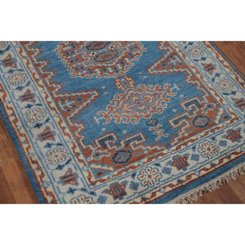 Blue Geometric Viss Indian Rug Handmade Wool Carpet - 3'2" x 4'9"