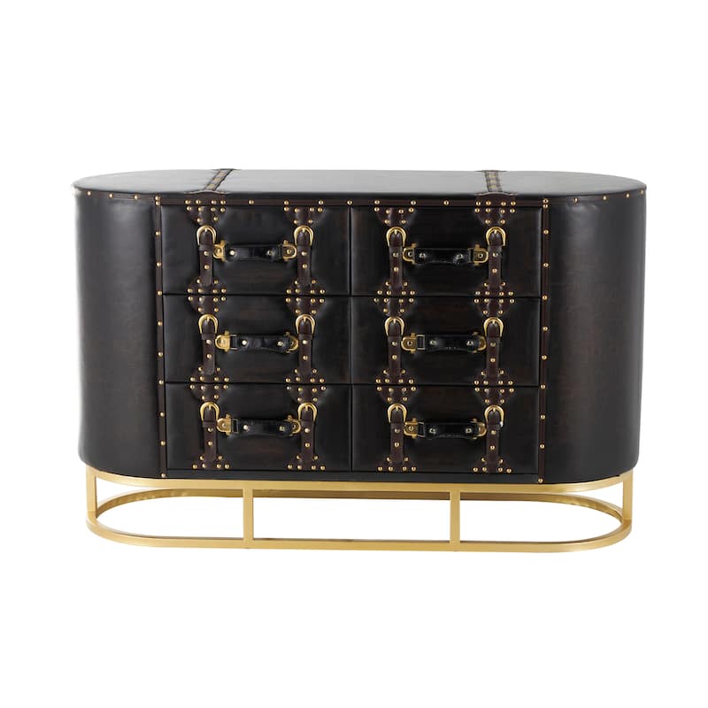 Wooden 6 Drawer Chest with Straps and Rivets - Dark Brown - Roche River Decor - 17"W x 48"L x 30"H