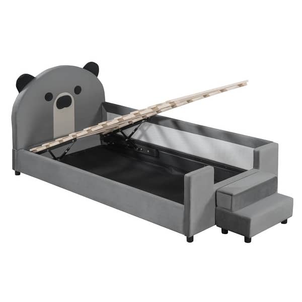 slide 2 of 11, Twin Size Upholstered Daybed with Bear Shaped Headboard, Hydraulic System and Breathable Mesh Fence, Gray Gray - Twin