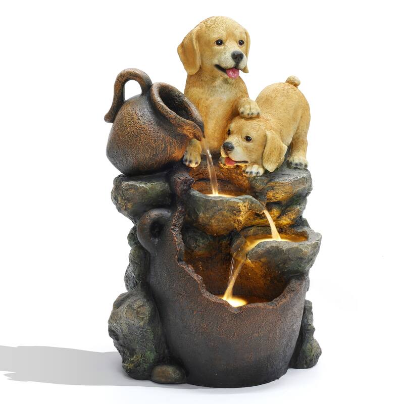 Puppy Friends Farmhouse Resin Outdoor Fountain with Lights
