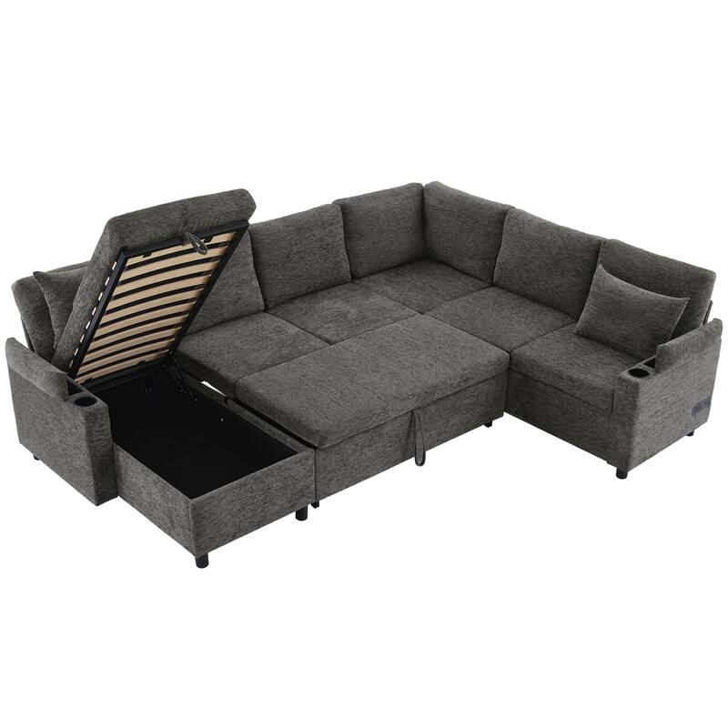 U-Shaped Chenille Sectional Sofa with Storage Chaise Lounge, Convertible Sleeper Sofa Bed with Cup Holders & Charging Ports