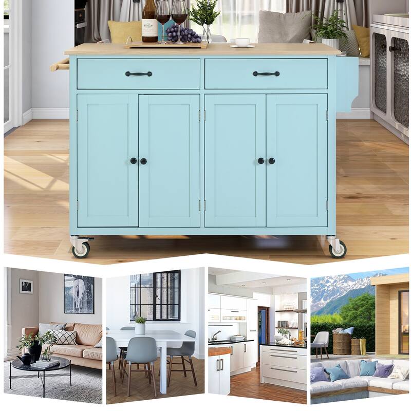 Kitchen Island Cart with Solid Wood Top and Locking Wheels, 4 Door Closed Kitchen Cabinet with Drawers and Storage Rack, Green