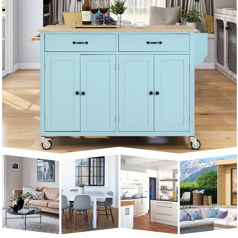 Kitchen Island Cart with Solid Wood Top - Green