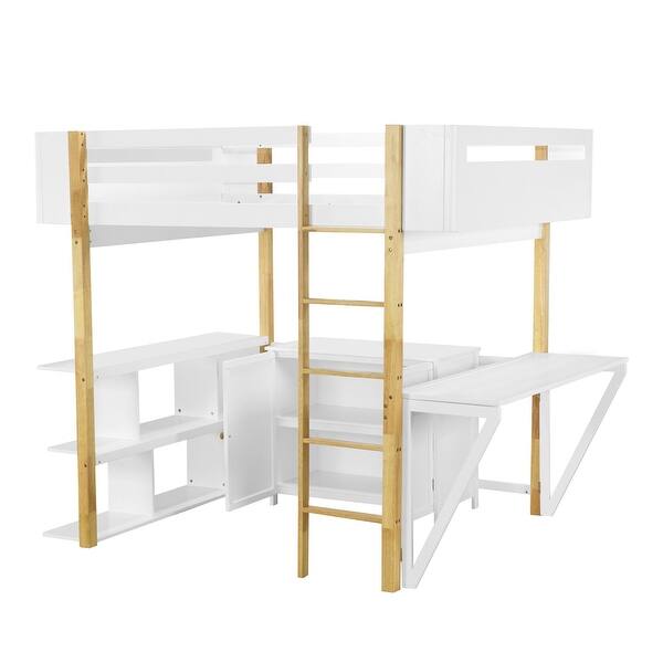 slide 2 of 39, Versatile Full Size Wooden Loft Bed with Foldable Desk,Storage Cabinet and Cubes White