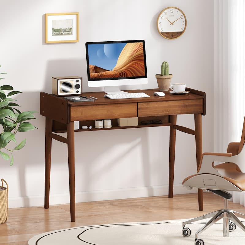 39.5" Wicker Computer Desk with Drawers Shelf Storage and Anti-Falling Guardrails for Office