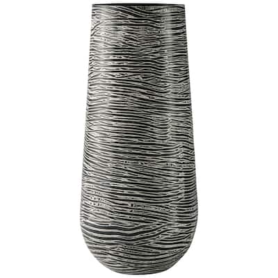 Fin 14 Inch Cylindrical Metal Vase, Irregular Lined Design, Black, White