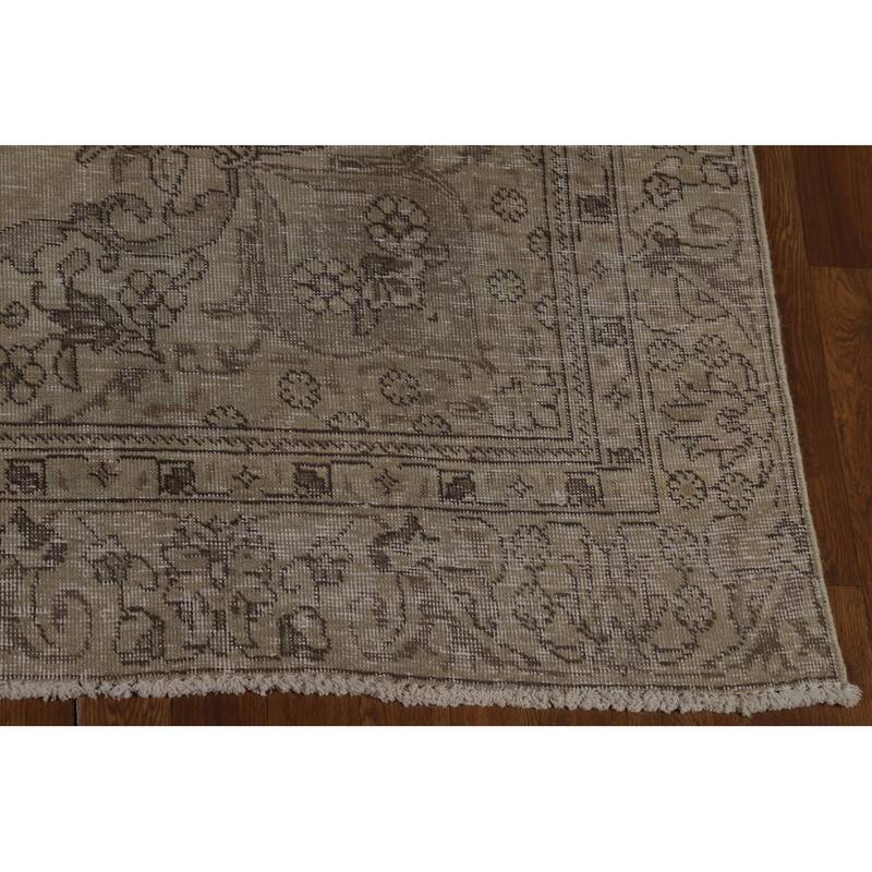 Distressed Tabriz Persian Area Rug Hand-Knotted Green Wool Carpet - 6'5" x 9'0"
