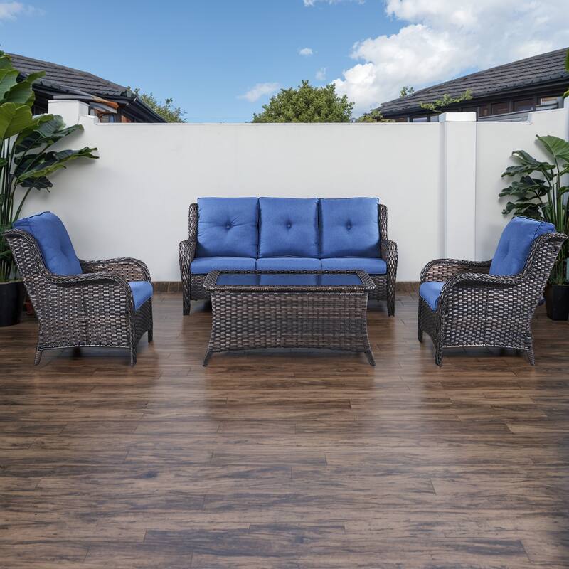 Gymojoy 4-Piece Outdoor Patio Sofa Chair with Coffee Table - Brown - Blue