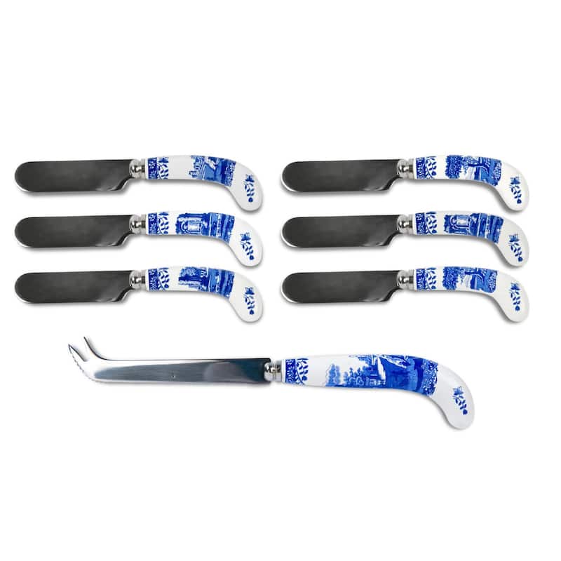 Spode Blue Italian Cheese Knife and 6 Spreaders - Blue & White