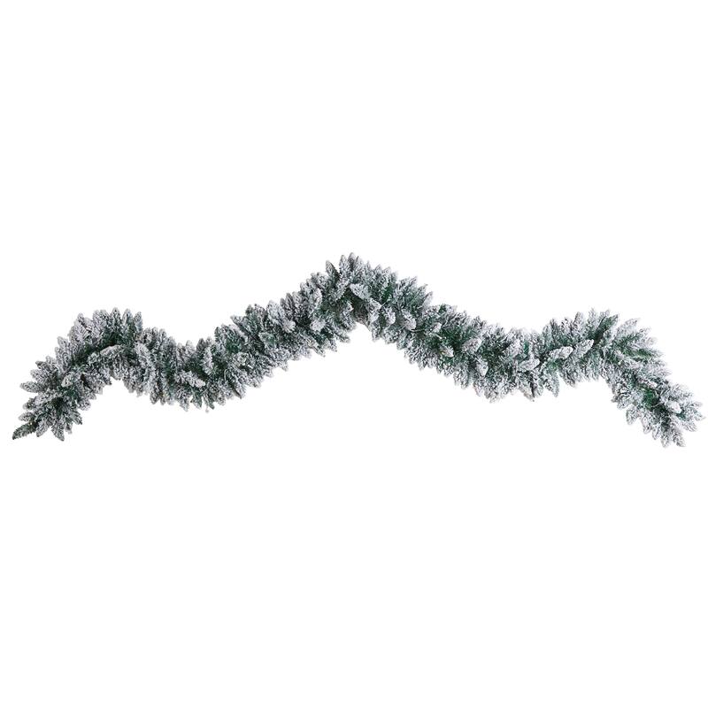 9' x 12" Flocked Artificial Christmas Garland, Warm White LED Lights