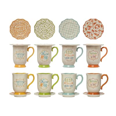 Hand-Painted Stoneware Mug and Saucer with Saying - 5.0"L x 4.4"W x 4.8"H