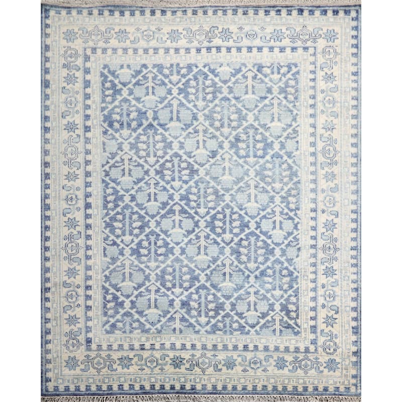 Hand Knotted Oushak Blue Oriental Wool Transitional Oriental Area Rug