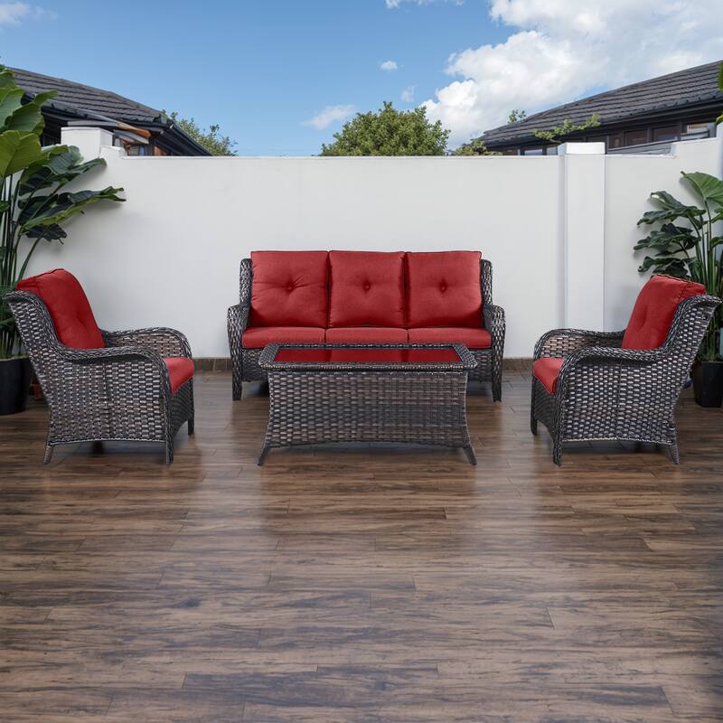 Gymojoy 4-Piece Outdoor Patio Sofa Chair with Coffee Table - Brown - Red