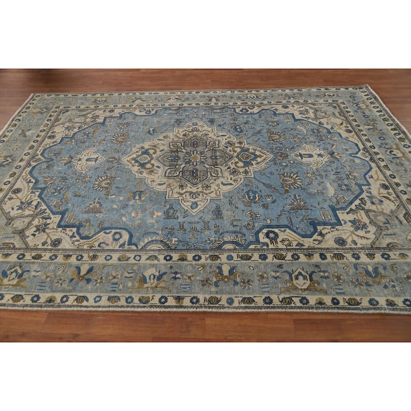 Geometric Blue Tabriz Persian Area Rug Floral Handmade Wool Carpet - 6'7"x 9'6"