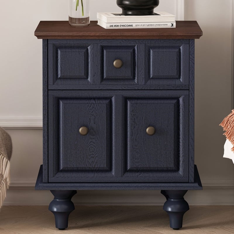 Vintage 2-Drawer Nightstand with Solid Wood Legs for Bedroom Storage Organization