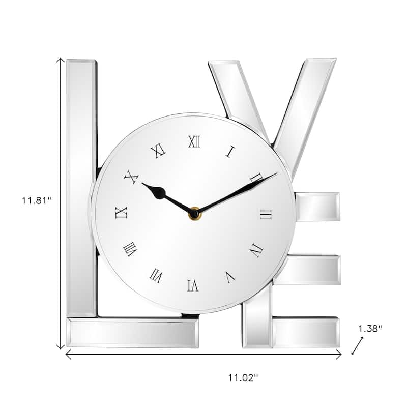 HomeRoots 11" Silver Mirrored Glass Love Wall Clock - 11.02 in. x 11.81 in. x 1.38 in.