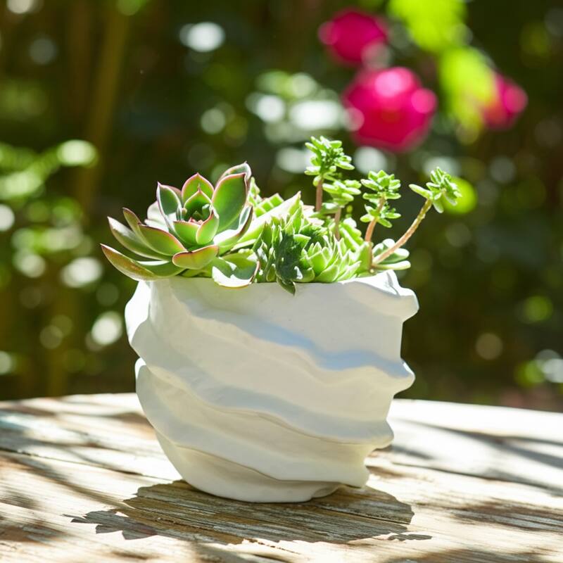 Pottery Planter Sculpted Textured Design Home Garden Decor - 5" White - 7" x 7" x 5.25"