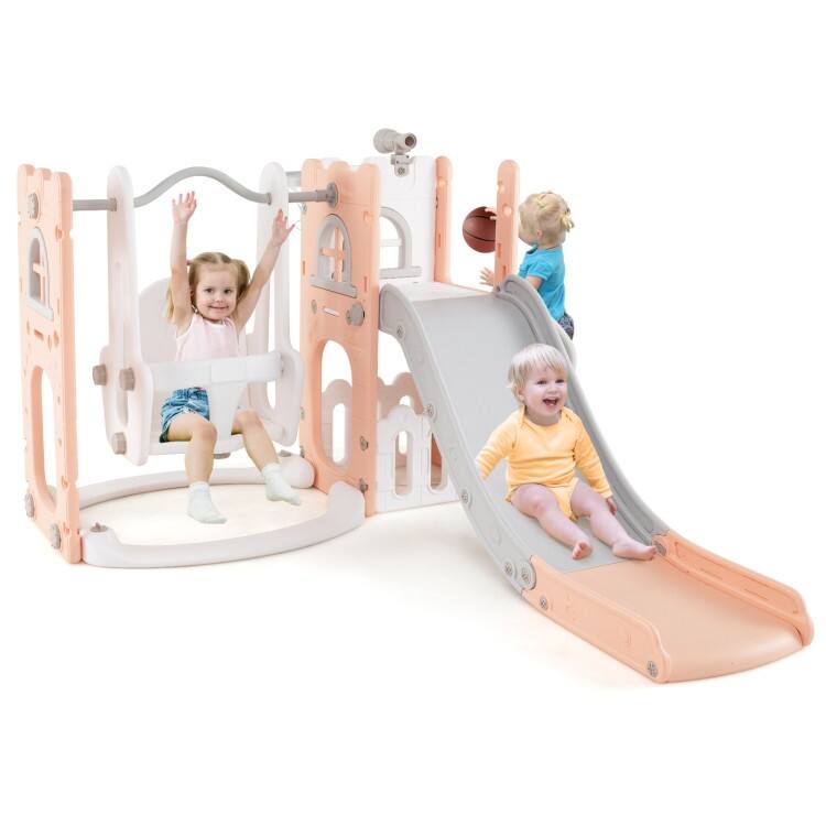 Pink-White HDPE 7-in-1 Kids Slide Set with Swing and Basketball Hoop - 56" x 65" x 33.5" (L x W x H)
