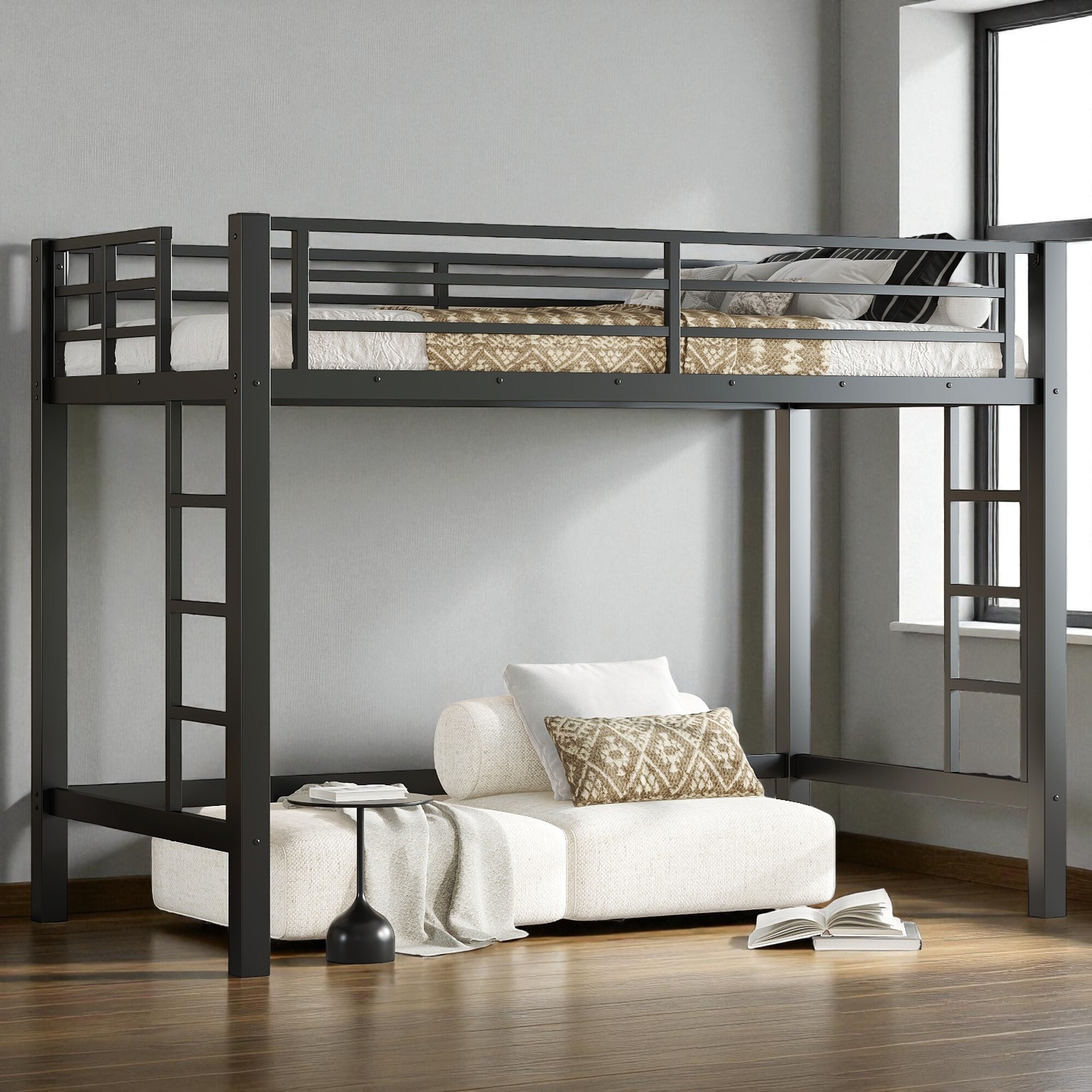 Metal Loft Bed Frame in Twin, Twin XL, Full, and queen Sizes with Safety Guardrails,Dual Ladders,and Space-Saving Design