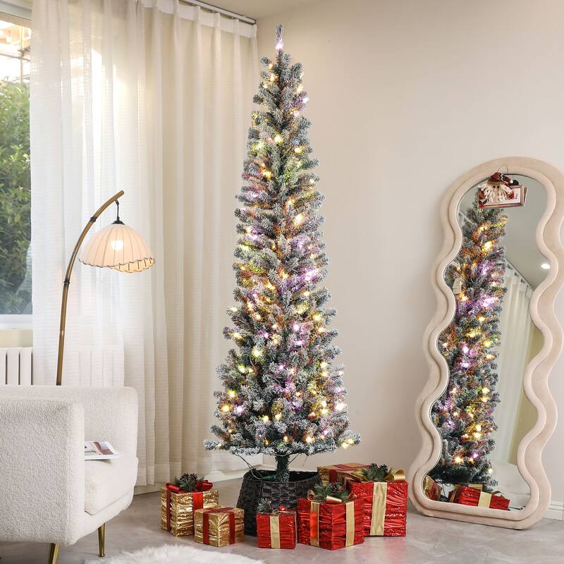 Green Plastic Steel Pencil Christmas Tree with LED Lights and Remote - 7.5 Foot