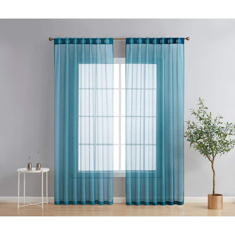 HLC.me Lauren Semi Sheer Rod Pocket & Back Tab Window Curtains Panels, Set of 2 - 54 W x 96 L per panel - Set of 2 - Grey Teal