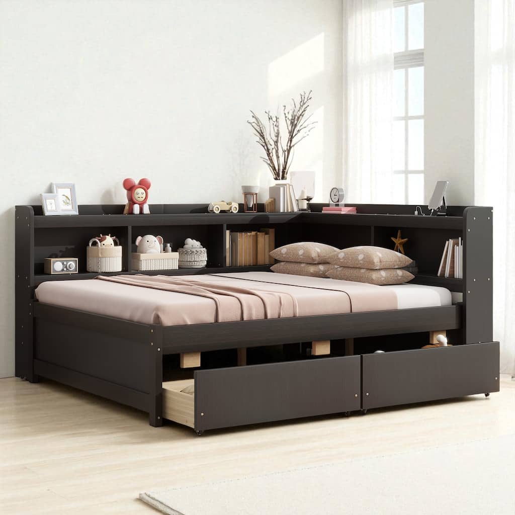 Full Size Bed with L-Shaped Bookcases, Power Outlets, USB Ports and 2 Storage Drawers