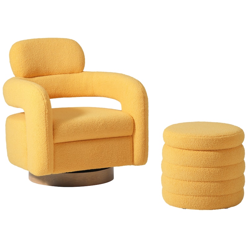 Bayville Sherpa Swivel Chair With Round Storage Ottoman 2-Piece Set - Sunset Gold