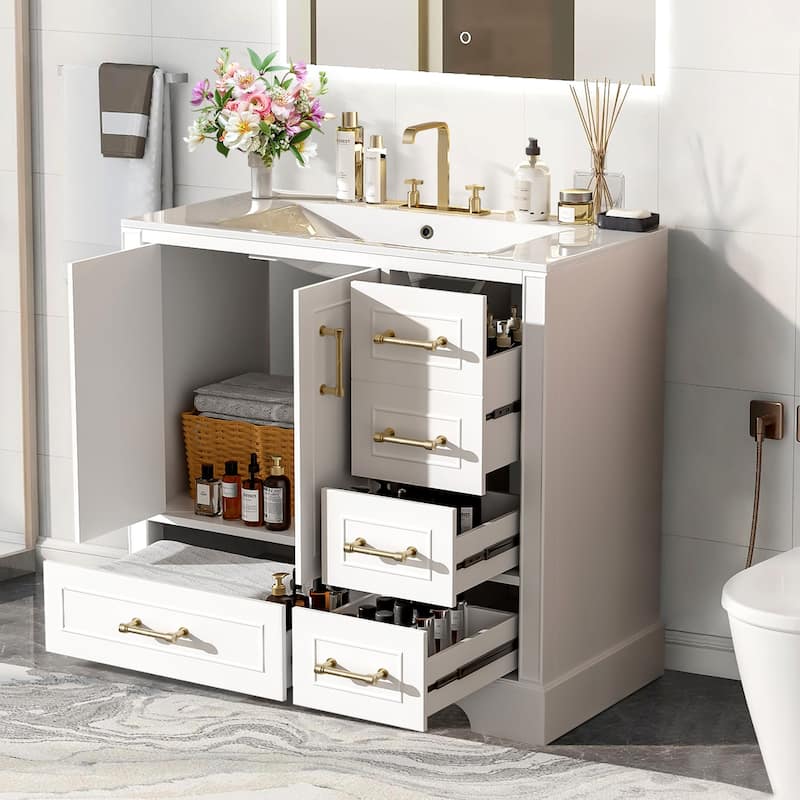 36" Traditional Bathroom Vanity with Ceramics Sink and 4 Drawers