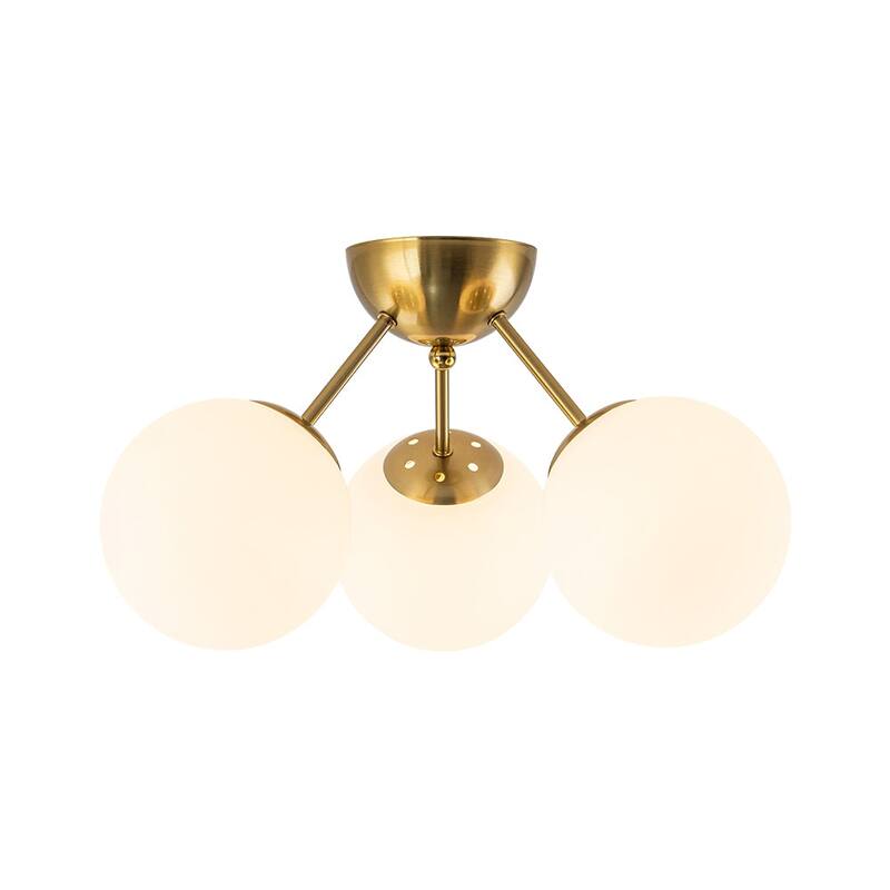 3-Light Brushed Brass Glass Globe Sputnik Semi Flush Mount