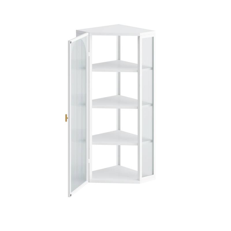 Glass Door Wall Mounted Corner Cabinet with Featuring Four-tier Storage White