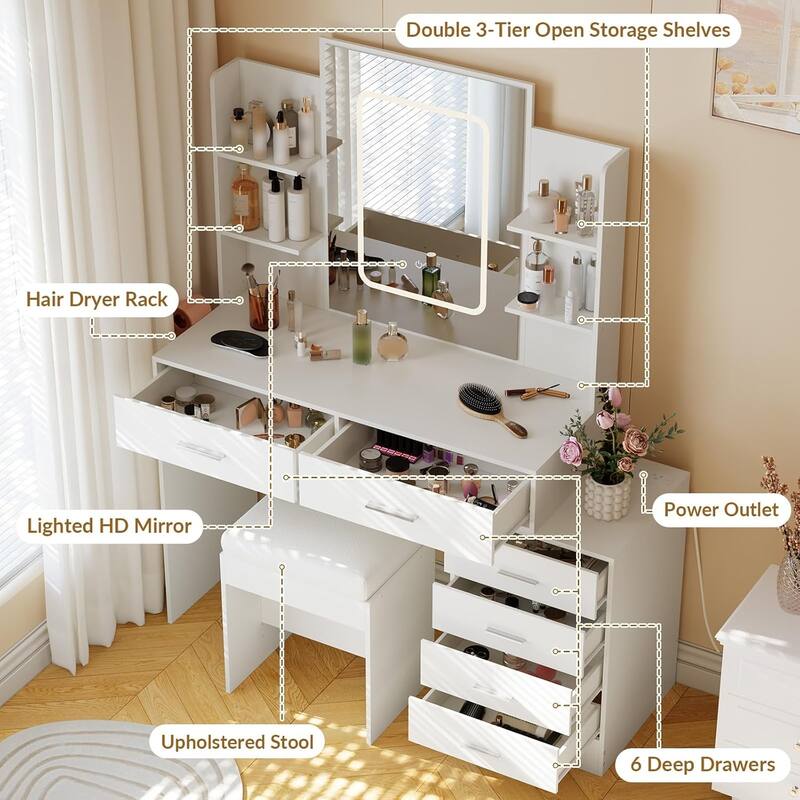 Vanity Desk with Mirror, LED Lights & Power Outlet, Makeup Table with 6 Drawers, 6 Shelves & Stool for Bedroom