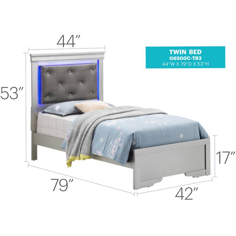 Silver Champagne Twin Bed with LED Accent Headboard