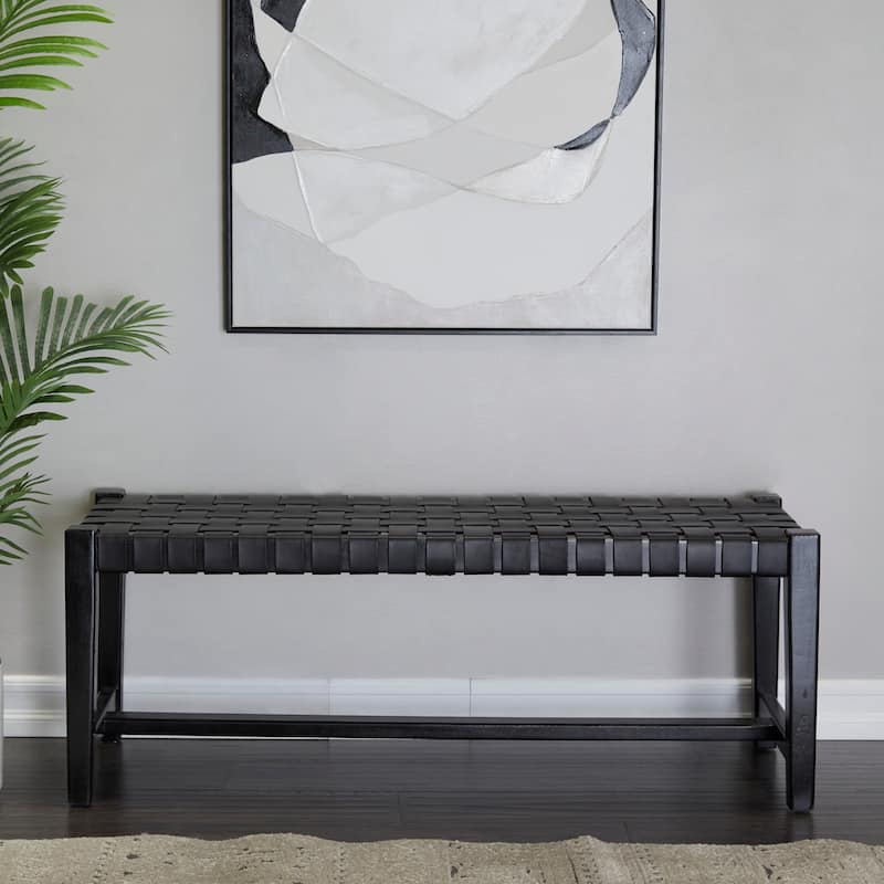 Leather Handmade Woven Seat Bench - Black - Roche River Decor - 18"Wx47"Lx17"H