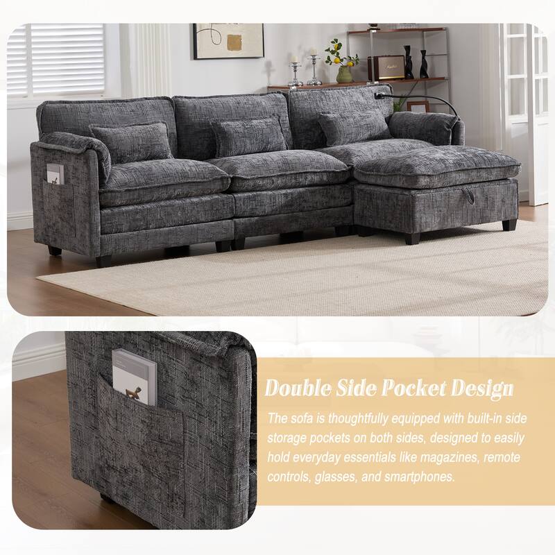 HOMEFUN Chenille Upholstered L-shaped Phone Holder Modular Sectional Sleeper Sofa with Movable Storage Ottoman